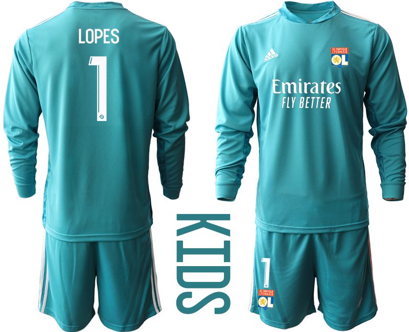 Youth 2020-2021 club Olympique Lyonnais lake blue long sleeve goalkeeper #1 Soccer Jerseys